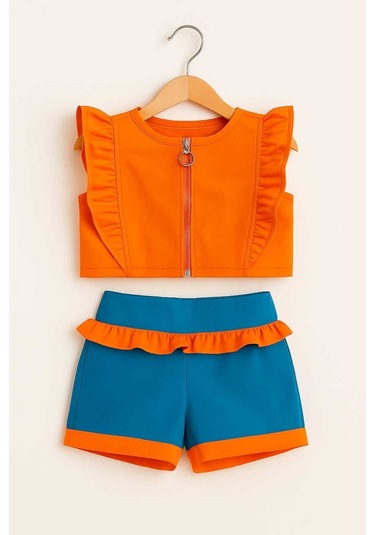 Kız Çocuk Fermuar Ve Fırfır Detaylı Alt Üst Takım 9-12 Yaş 11925 Turuncu