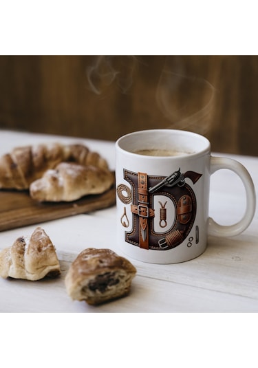 D Harfi Kovboy Temalı Bardak 330 Ml İsim / Harf Kişiye Özel Hediye - Vahşi Batı Konsept Beyaz