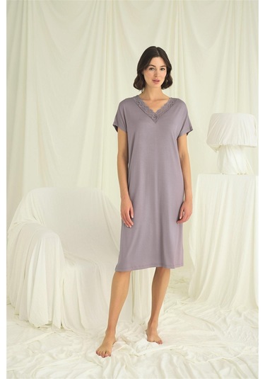 Monamise Kadın Yakası Dantelli Kısa Kollu Gecelik 18640 Gri