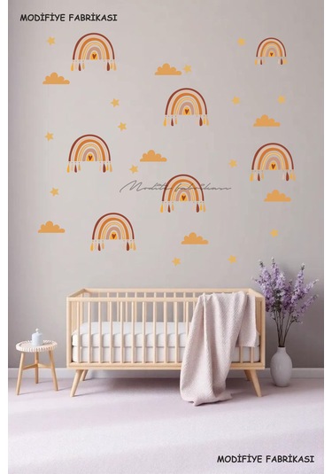 Bebek Odası Duvar Süsü Renkli Pembe Gökkuşağı, Bulut Ve Yıldız Beyaz