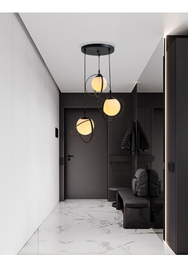 Dünya 3 Lu Tepsi Glop Beyaz Rengi Camlı Siyah Avize. Salon, Mutfa 1 Adet