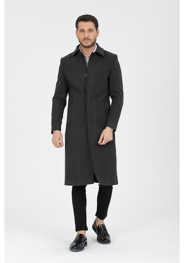 Erkek Antrasit Dar Kesim Uzun Kaşe Gömlek Yaka Palto & Kaban Antrasit