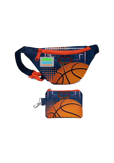 Coral High Erkek Çocuk Turuncu Lacivert Basketbol Desenli Bel Çantası Ve Bozuk Para Cüzdanı Set Çok Renkli