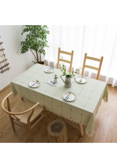 Kare Kafes İşlemeli Masa Örtüsü Saf Renk Pamuk Keten Püskül Dikdörtgen Sehpa Mat, Boyutu: 100x160cm Yeşil Yeşil