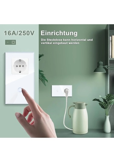 Honeybeeshop Tek Dokunuşlu Led Dokunmatik Anahtarlı Priz Alman Standart Priz Temperli Cam Malzeme 16a 250v Yatay Dikey Montaj