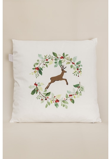 Charm Renkli Geyik Baskılı Beyaz Kırlent 43x43 35257a Beyaz