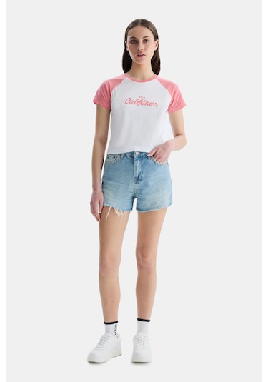 Ucla Carolına Pembe Bisiklet Yaka Baskılı Standard Fit Kadın Tshirt Pembe