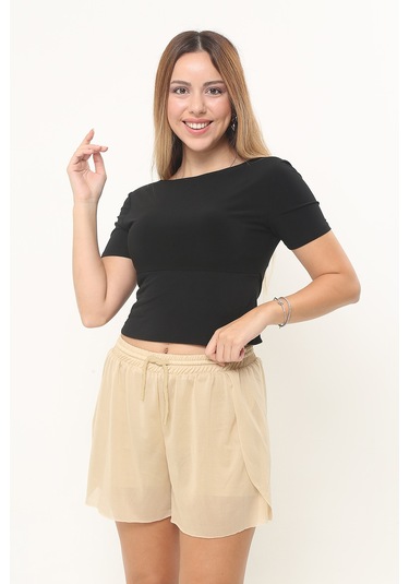 Kadın Krem Kumaş Bol Kesim Spor Şort Krem