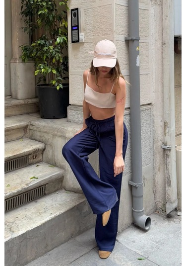 Pembe Keten Karışımlı Bol Kesim Pantolon Lacivert
