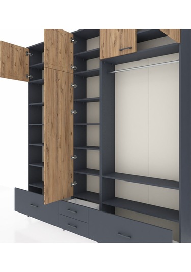 Arges Dolap 18 Raflı 4 Çekmeceli Tek Askılı 220x30x243 Antrasit-çam/antrasit Atlas Çam/antrasıt