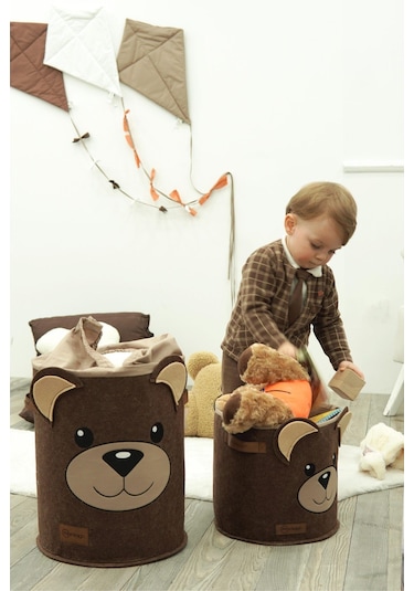 Mordesign 2'li Set, Çocuk Saklama Kutusu,dolap Içi Çamaşır/oyuncak Düzenleyici, Kirli Sepeti, Morbear Serisi Kahverengi 2'li Set