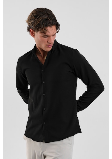 Redline Flex Slim Fit Yumuşak Kolay Ütü Nefes Alan Erkek Gömlek Siyah