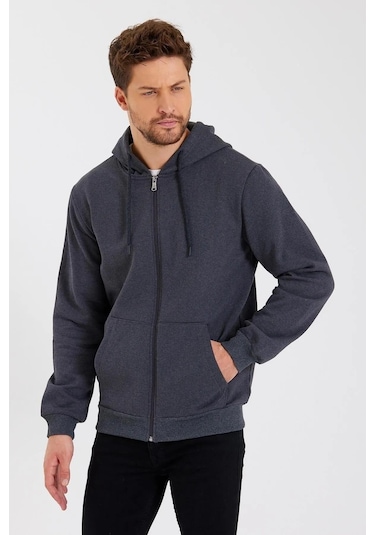 Antrasit Kapüşonlu Regular Fit Hırka Düz Paça Erkek Eşofman Takımı 3861 Antrasit
