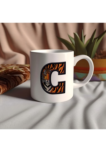 C Harfi Kaplan Figürlü Nakış Desenli Kupa Bardak - Kişiye Özel Vahşi Hayvan Desenli Kupa - Hediye Beyaz