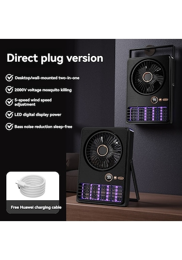 Symbee Siyah Usb 2-in-1 Mosquito Killer Fan: Duvar/desktop Montajlı, 5 Hızlı Fan, Led Ekranlı, 2000v Moskito Öldürücü Işık