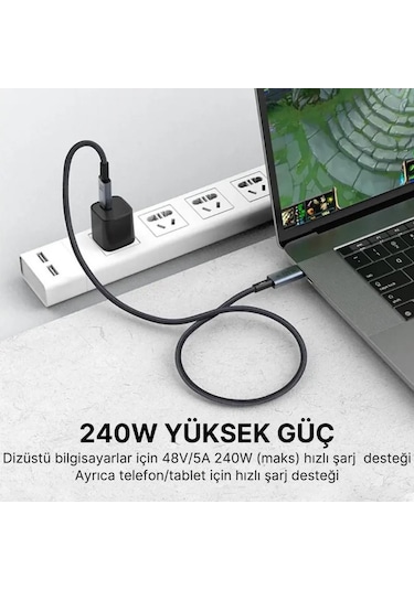 Coofbe 1mt Usb 4.0 240w Type-c Şarj Kablosu 40gbps Veri Aktarım Type-c 8k 60hz Görüntü Aktarım Kablosu 1 Adet