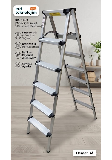 5 Basamaklı Çift Çıkışlı Alüminyum Portatif Merdiven 123cm