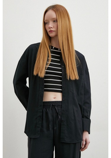 Keten Karışımlı Oversize Gömlek Siyah Siyah