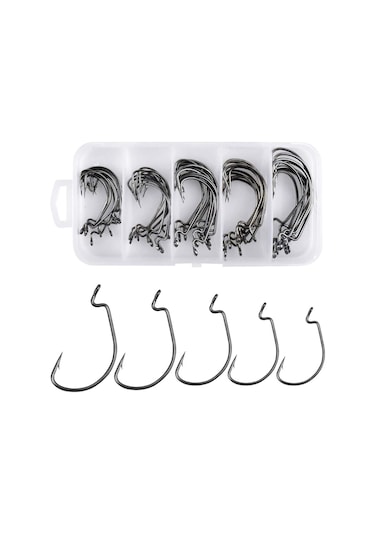 Valkyrie 50 Adet Paslanmaz Karbon Çelik Silikon Solucan Yem Balık Olta İğne Seti - Texas Rig - Kutulu Krom