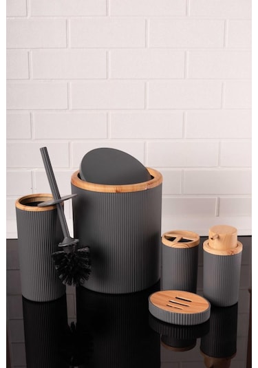 Bambu Desenli Modern 5'li Banyo Seti Çizgili Gri