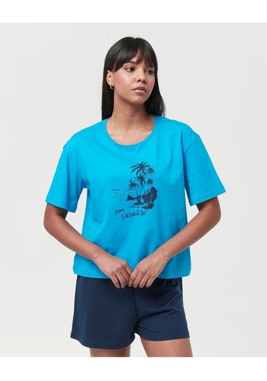 Bella Dossi Pamuklu Kısa Kollu Baskılı Kadın Şortlu Pijama Takımı Mavi