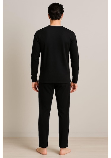 Erkek 65109 Uzun Kol % 100 Pamuk Pijama Takımı Siyah Siyah