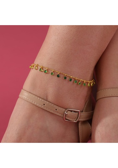 Queen Silver Jewelry 925 Ayar Gümüş Top Zicirli Yeşil Renk Geçişli Halhal Altın