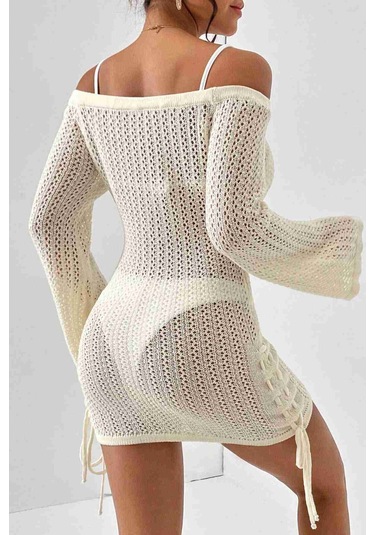 Angelsin Örme Yanlardan Büzgülü Uzun Kollu Plaj Elbisesi Pareo Krem 001