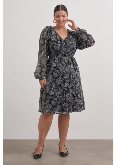 V Yaka Fırfırlı Kuşaklı Elbise-3366 Siyah