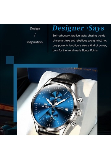 Olevs 2880 Erkekler Çok Fonksiyonlu İş Su Geçirmez Deri Kayış Kuvars İzle Mavi