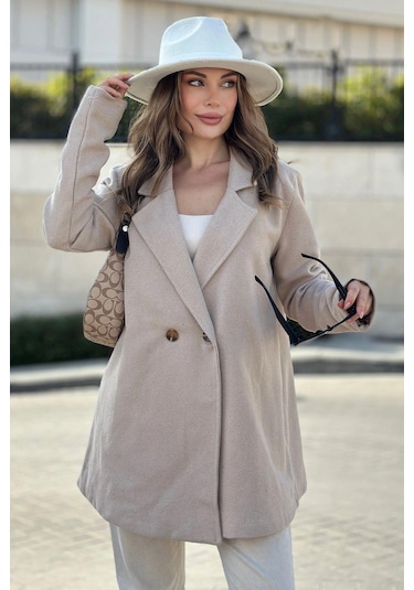 Kadın Krem Astarlı, Kruvaze Ceket Yaka, Tek Düğme, Rahat Kalıp, Fitilli Kaşe Kumaş Kaban Krem