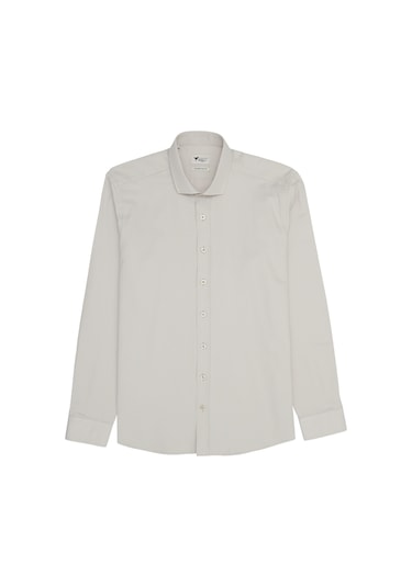 AC&Co / Altınyıldız Classics ERKEK BEJ Kolay Ütülenebilir Slim Fit Dar Kesim İtalyan Yaka Armürlü Gömlek Bej