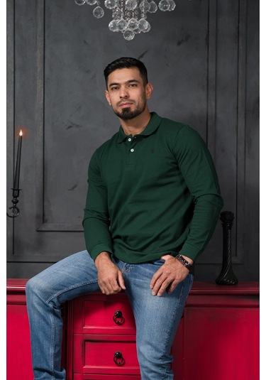 San&fa Regular Fit Polo Yaka Uzun Kol Pamuklu Baharlık Sweatshirt Yeşil