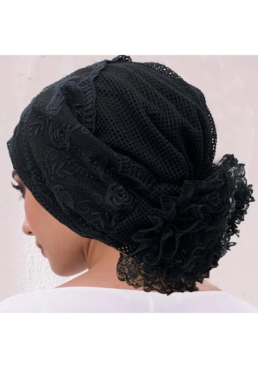Novahub Nakışlı Dantel Türban Şapka Kadınlar İçin Yazlık Nefes Alabilen Baş Örtüsü Bone Siyah - Standart Siyah