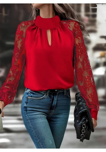 Tua Moda Kadın Uzun Kollu Göğüs Pencere Detay Yaka Boğazlı Kolları Tüllü Sandy Bluz Kırmızı