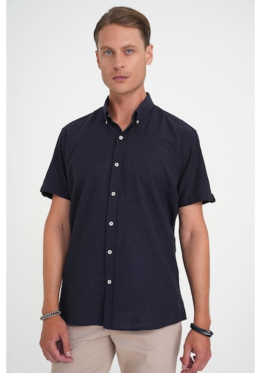 Comfort Fit Düğme Yaka Kısa Kol %100 Keten Düz Lacivert Gömlek G 1596 Lacivert