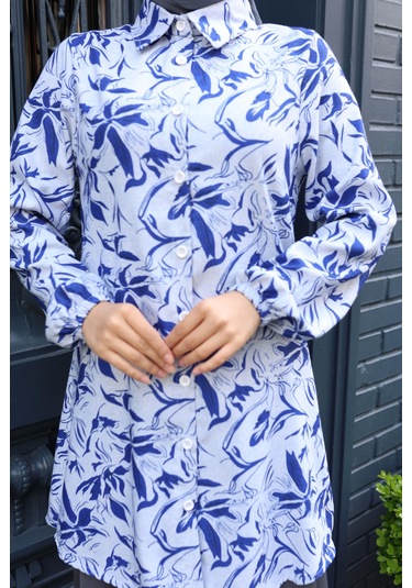 Kadın Mavi Çiçek Desenli Pamuk Dokuma Kumaş Tunik Gömlek Etekli Takım Tk1415 Mavi