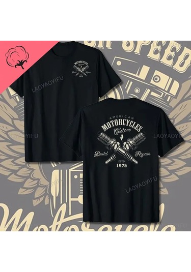 Laoyaoyifu Çapraz Pistonlar Mekanik Grafik T-shirt Erkekler Pamuklu Tee Gömlek Streetwearmavi Mavi