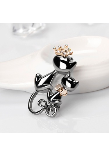 Kadın Takı Parlak Yapay Elmas Sevimli Çift Kedi Figürlü Broş Çok Renkli