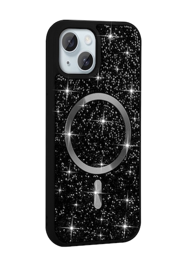 Ardemix İphone Uyumlu 14 Kılıf Pırlanta Tasarımlı Magsafe Şarj Özellikli Mozaik Silikon Kap Siyah