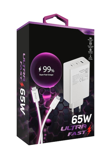 Zuidid CH65 65W 2 PD + 1 USB Çıkışlı Ultra Hızlı Şarj Cihazı + PD Kablo