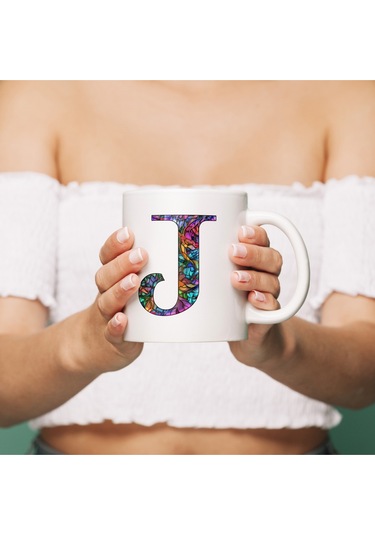 J Harfi Bardak 330 Ml İsme/harfe Özel Hediye, Renkli Harf Tasarım Beyaz