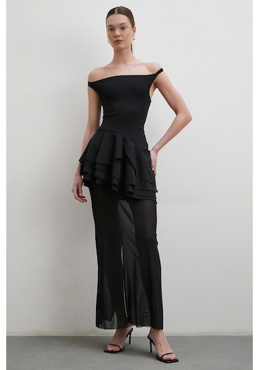 Boyun Askılı Fırfırlı Tül Elbise Siyah Siyah