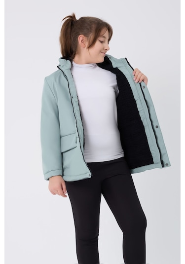 Kız Çocuk Mint Yeşil İçi Kürklü Su Ve Rüzgar Geçirmez Kapüşonlu 3 Cep Kışlık Mont & Kaban & Parka Mint Yeşili