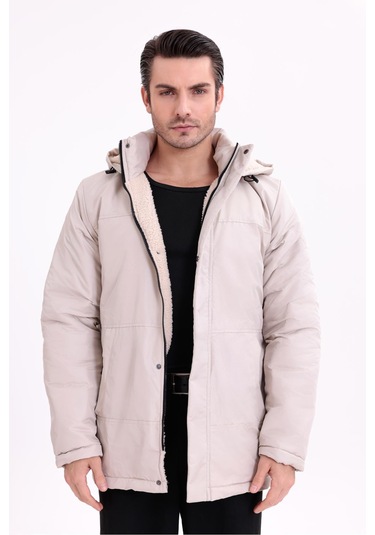 Erkek İçi Kürklü Çıkma Kapüşon Su Ve Rüzgar Geçirmez Kapüşonlu Kışlık Mont & Kaban & Parka Taş