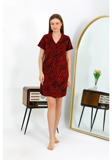 Akbeniz Kadın Pamuk Penye Kısa Kol Düğmeli Bordo Tunik Gecelik 13112 Bordo