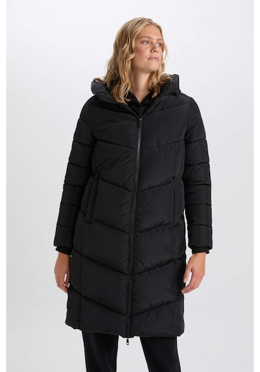 DeFacto Su İtici Uzun Şişme Mont Parka Isı Yalıtımlı Kapüşonlu Kapitoneli fermuarlı Cepli A3174AX24WNBK27 Siyah