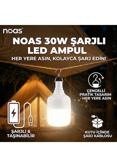 Noas 30w Şarjlı Smd Led Ampül 2400lm Ip20 3 Mod Beyaz Işık Çengelli