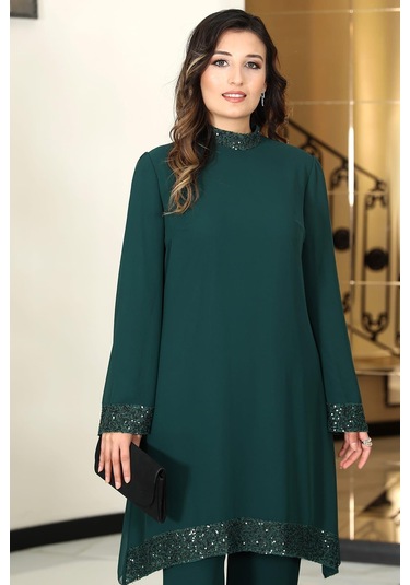 Umay Şifon Tunik Pantolon İkili Tesettür Takım Zümrüt Zümrüt