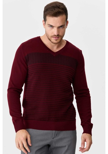 Desen Triko Erkek Desenli V Yaka Yün Kazak 0249640 Bordo Bordo